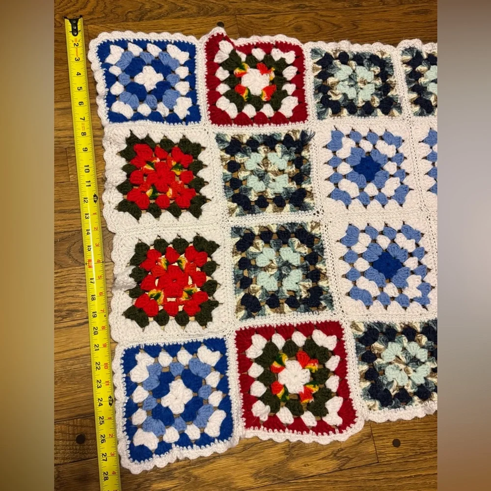 Festive Crochet Blanket with Red, Blue, and White Squares